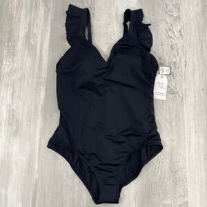 Time And Tru Black Ruffle Scoop Back Lined Soft Cup Plus Size Swim Bathing Suit